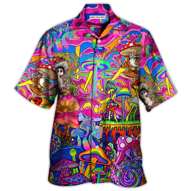 Hippie Magic Trippy Mushroom Hawaiian Shirt Summer Design Detail For Tropical Vacations