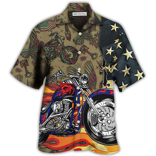 Motorcycle US Flag Hawaiian Shirt Design Detail For Sunny Adventures And Casual Wear