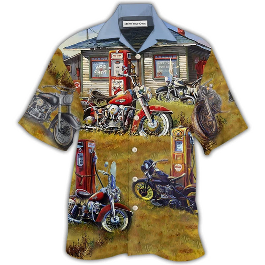 Vintage Motorcycle Shop Grass Hawaiian Shirt For Coastal Adventures And Warm Weather Wear