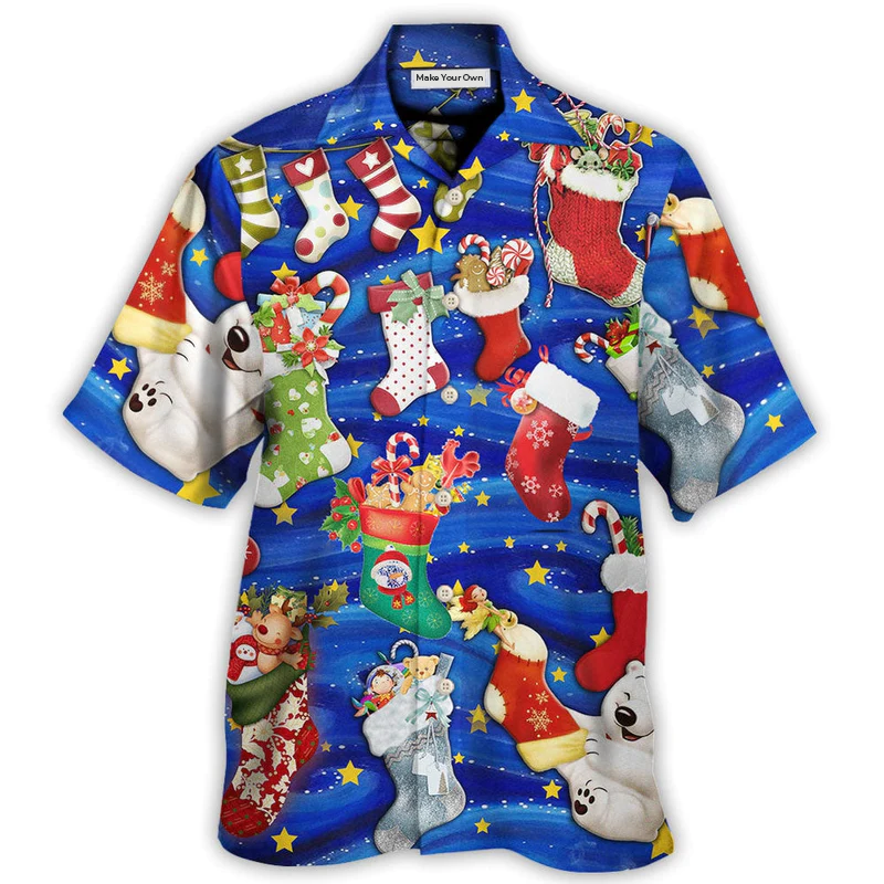 Festive Socks Christmas Tree Hawaiian Shirt Button Front Artwork For Island Holidays