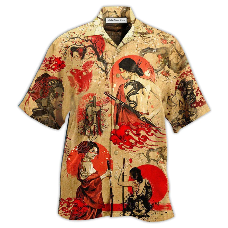 Samurai Girl Strong Hawaiian Shirt Pattern Detail For Vacation Travel And Daily Wear