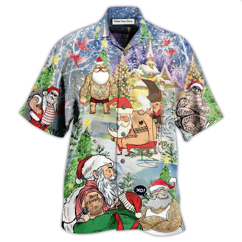 Christmas Tattoo Art Hawaiian Shirt For Beach Vacations Casual Parties And Warm Weather Style