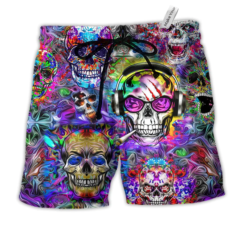 Hippie Skull Color Flowers Hawaiian Print Beach Shorts For Island Getaways And Comfort