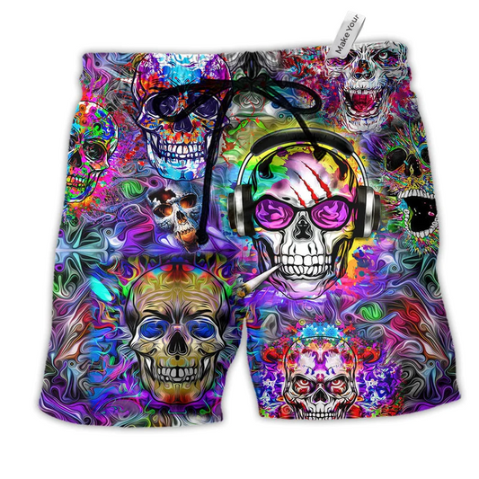 Hippie Skull Color Flowers Hawaiian Print Beach Shorts For Island Getaways And Comfort
