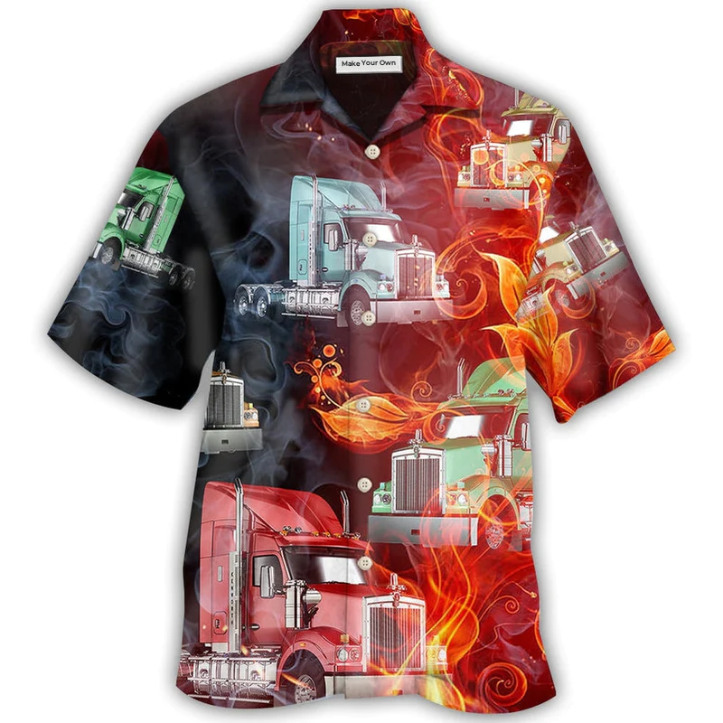 Truck Hot Racing Fire Hawaiian Shirt Artwork Detail For Tropical Trips And Casual Outings