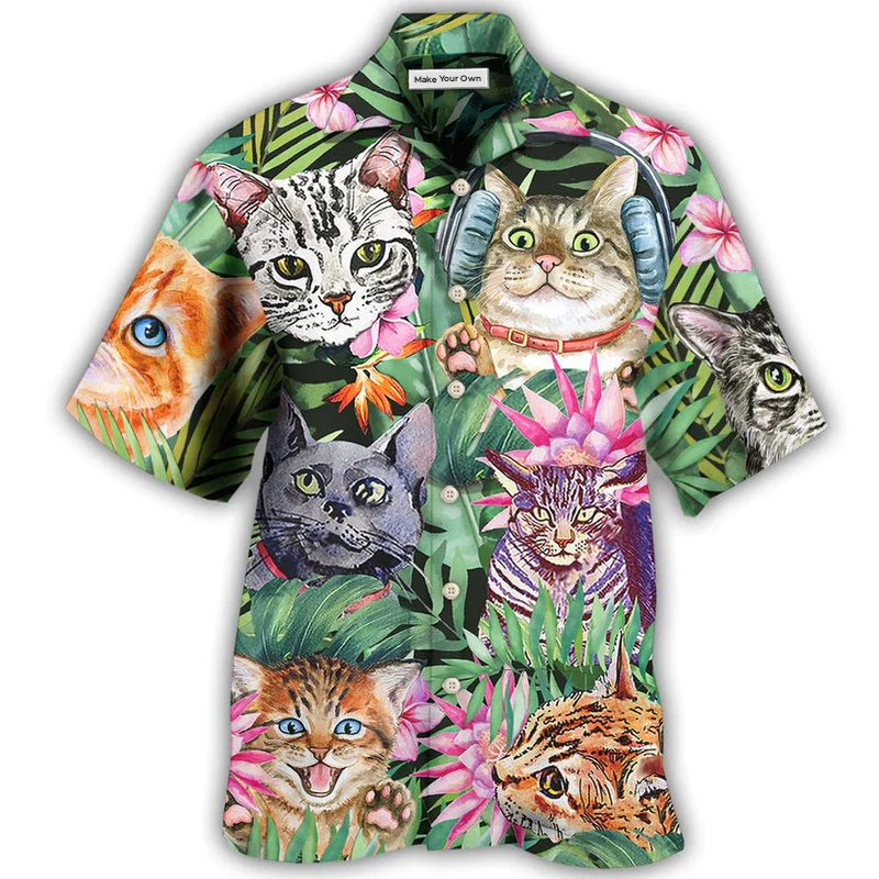 Funny Cat Hawaiian Shirt Pattern Detail For Vacation Travel And Daily Wear