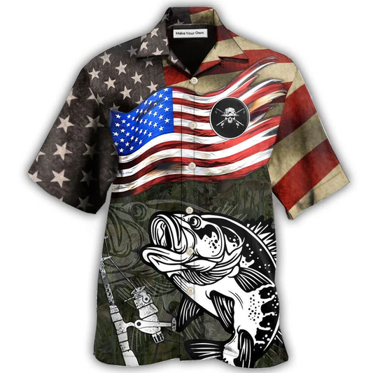 Retro Fishing US Flag Flying Hawaiian Shirt For Vacation Days And Relaxed Coastal Outings