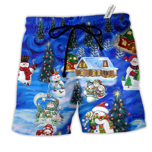 Snowman Chilling With My Snowmies Hawaiian Print Beach Shorts For Festive Outdoor Style