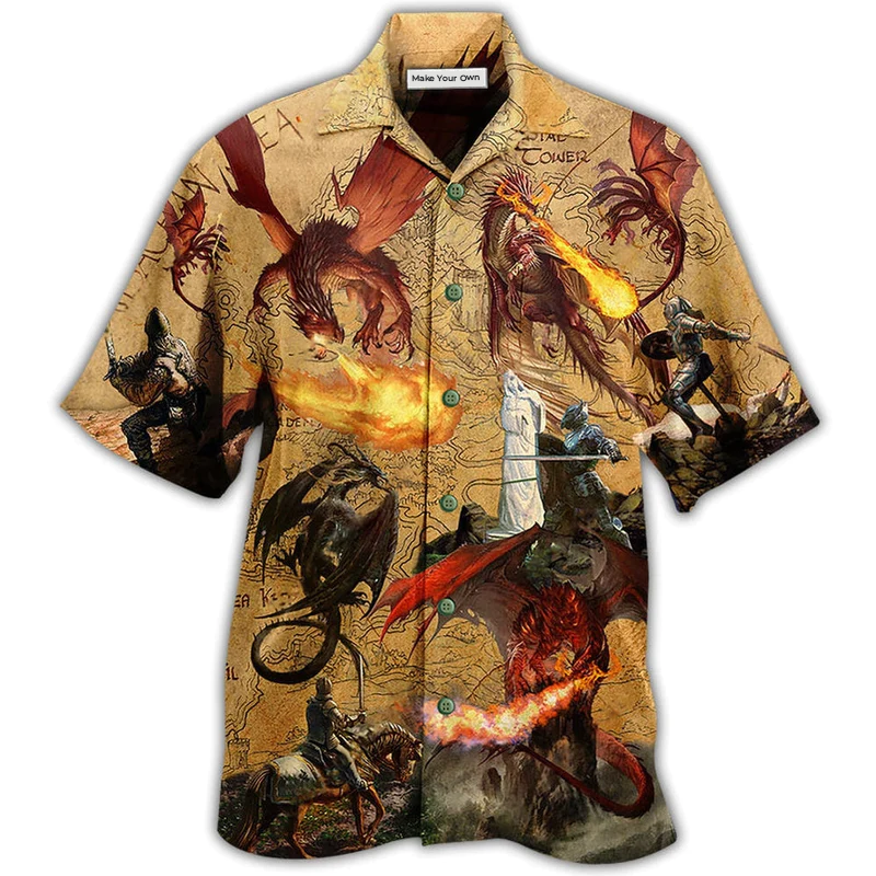 Dragon Fighting Knights Hawaiian Shirt Artwork Detail For Tropical Trips And Casual Outings