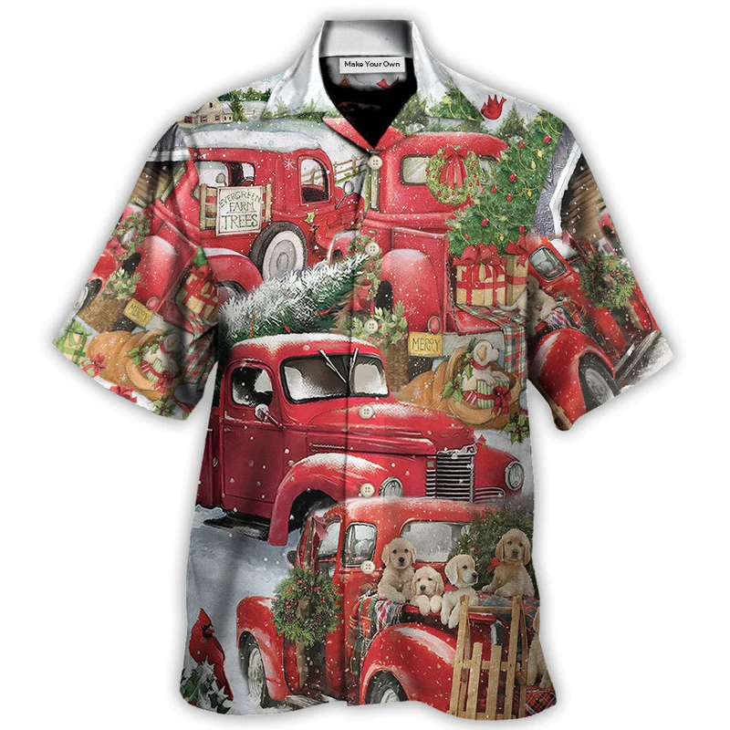 Christmas Truck Tree Puppy Hawaiian Shirt Graphic Artwork Detail For Coastal Travel