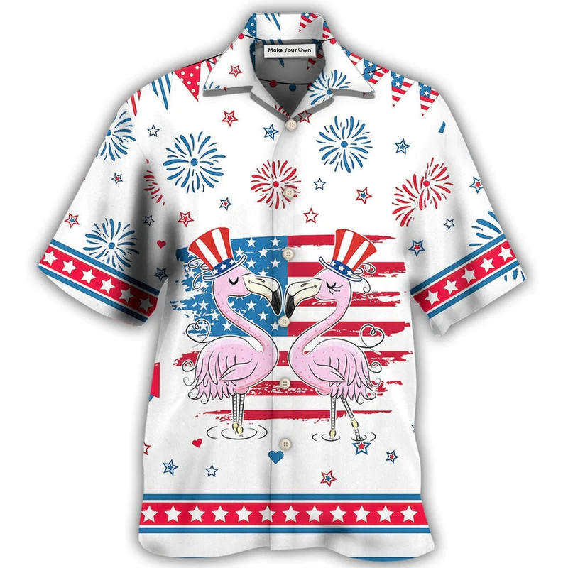 Flamingo Independence Day Star American Hawaiian Shirt Pattern View For Lightweight Everyday Style