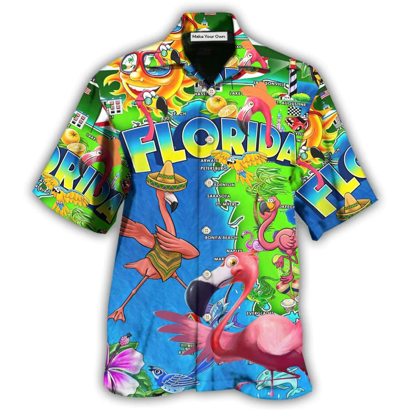 Flamingo Florida Hawaiian Shirt For Summer Vacation And Beach Travel