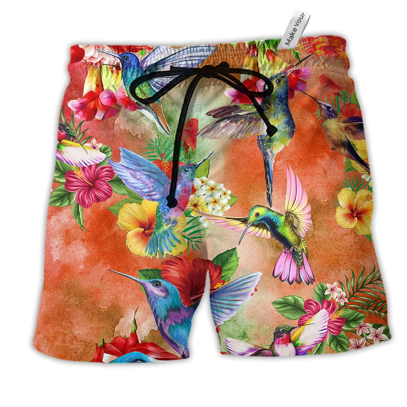 Hummingbird Love Flowers Beautiful Hawaiian Beach Shorts For Tropical Vacation Wear