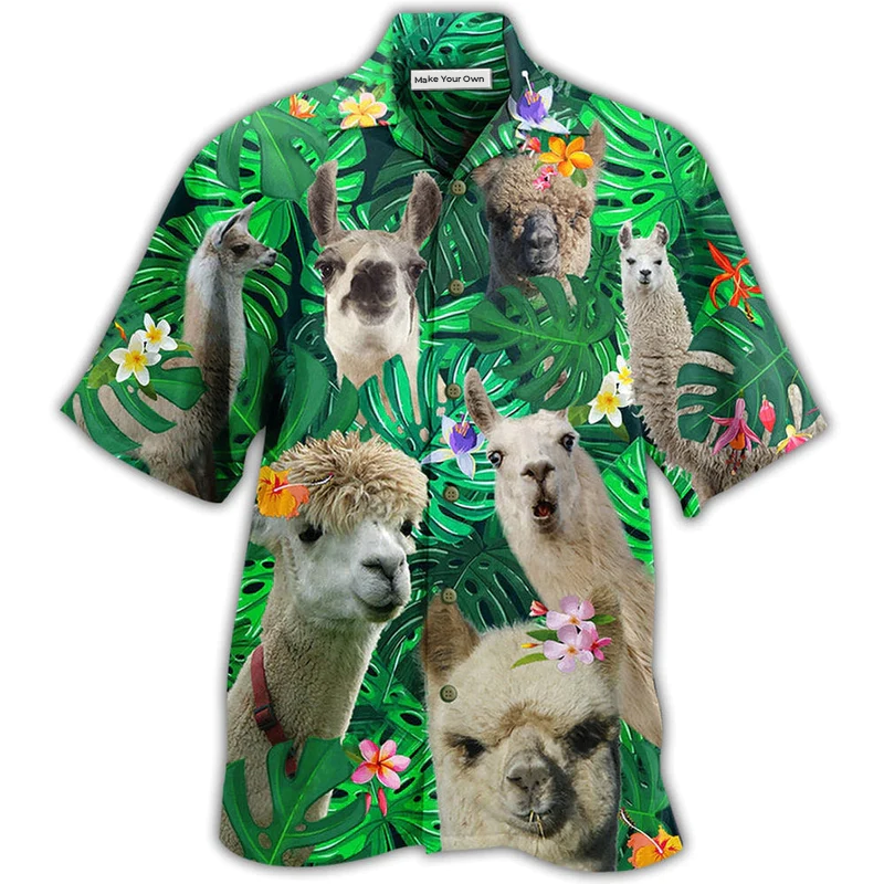 Cute Green Llama Hawaiian Shirt For Resort Travel Summer Outings And Casual Gatherings
