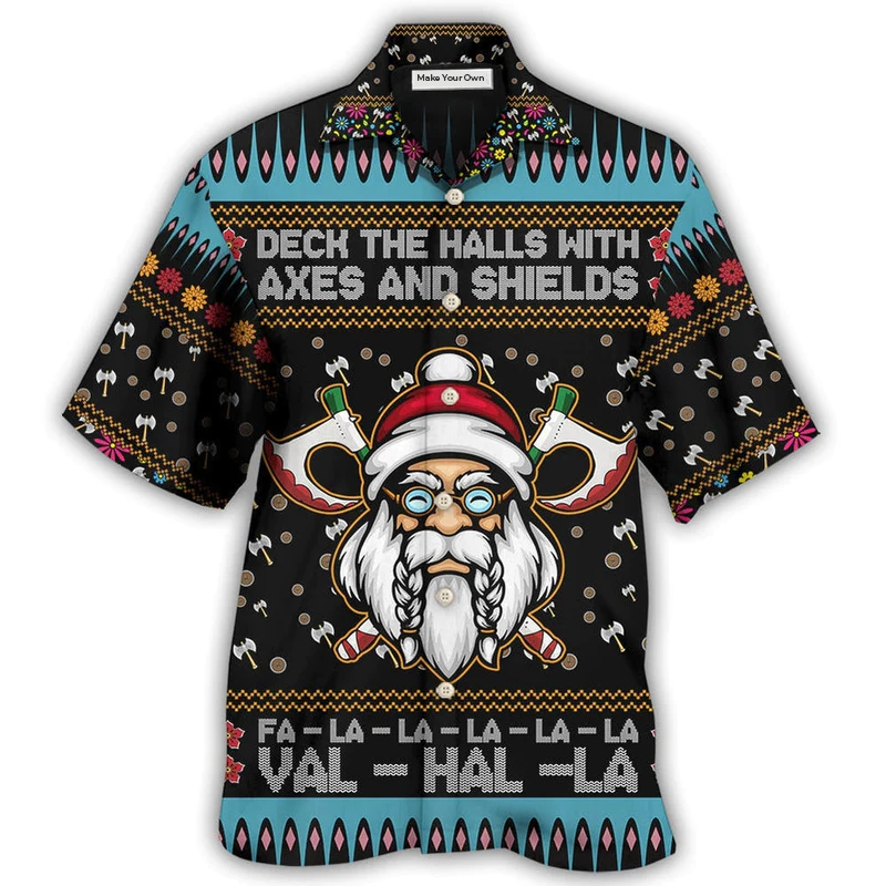 Norse Warrior Christmas Deck Halls Axes Shields Hawaiian Shirt For Vacation Days And Relaxed Coastal Outings