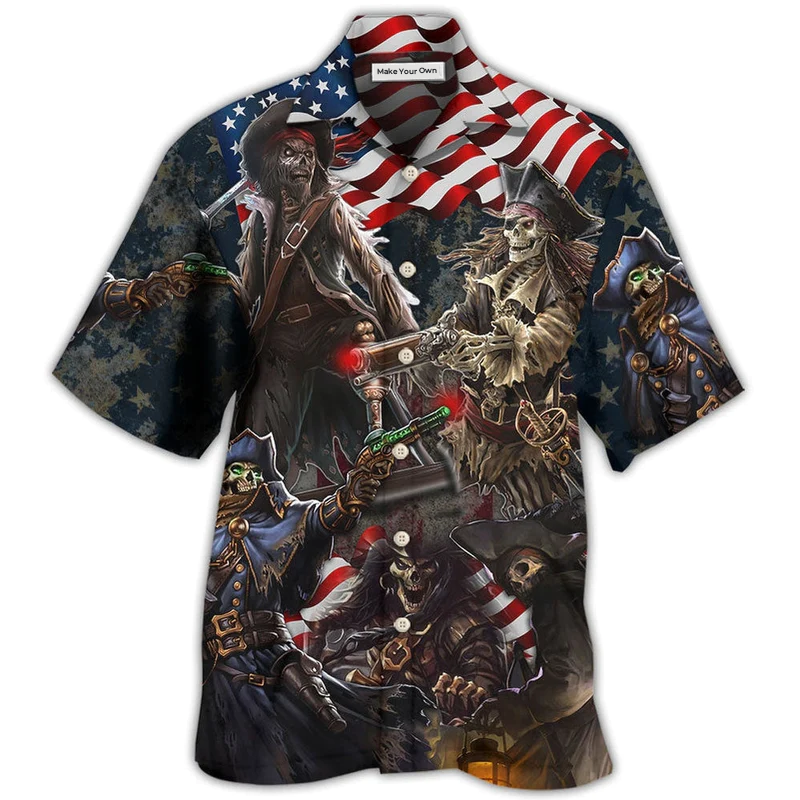Nautical Pirate Skeleton USA Flag Independence Day Hawaiian Shirt For Poolside Relaxation And Sunny Getaways