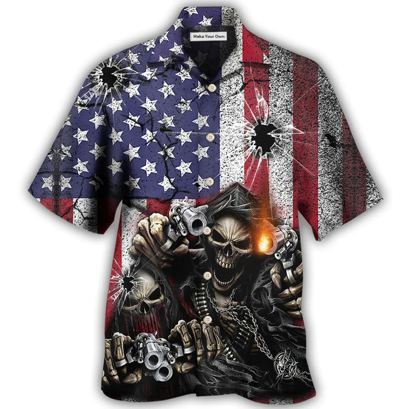Western Vintage Skull Shot American Flag Hawaiian Shirt For Warm Weather Adventures And Everyday Comfort