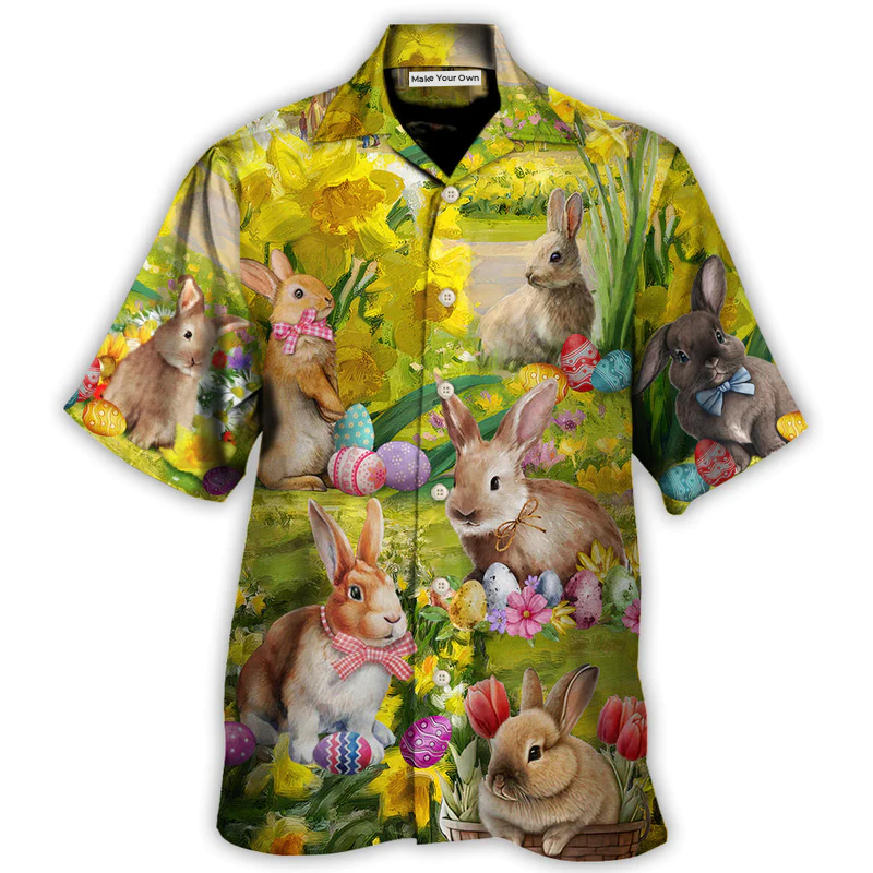 Floral Easter Rabbit Relaxed Landscape Hawaiian Shirt Collar And Front View For Outdoor Gatherings