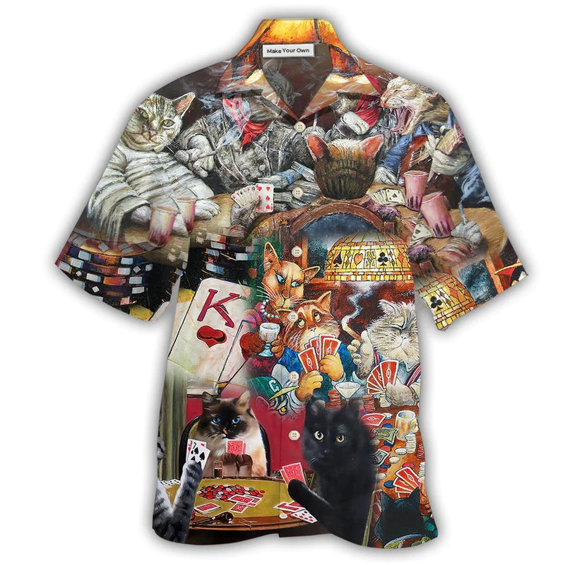 Game Card Beautiful Cats Play Hawaiian Shirt Design Detail For Sunny Adventures And Casual Wear