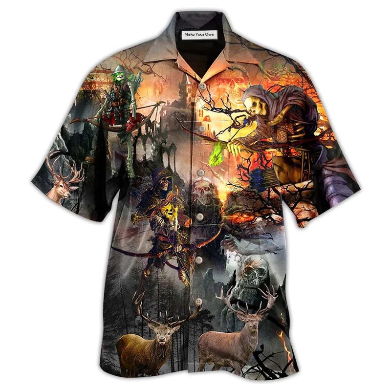Skull Hunting Hawaiian Shirt Artwork Detail For Resort Trips And Outdoor Activities