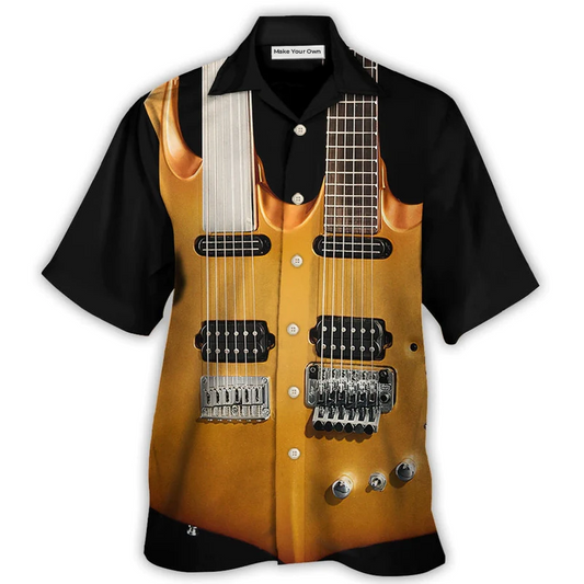 Electric Guitar Double Hawaiian Shirt Design View For Casual Summer Styling