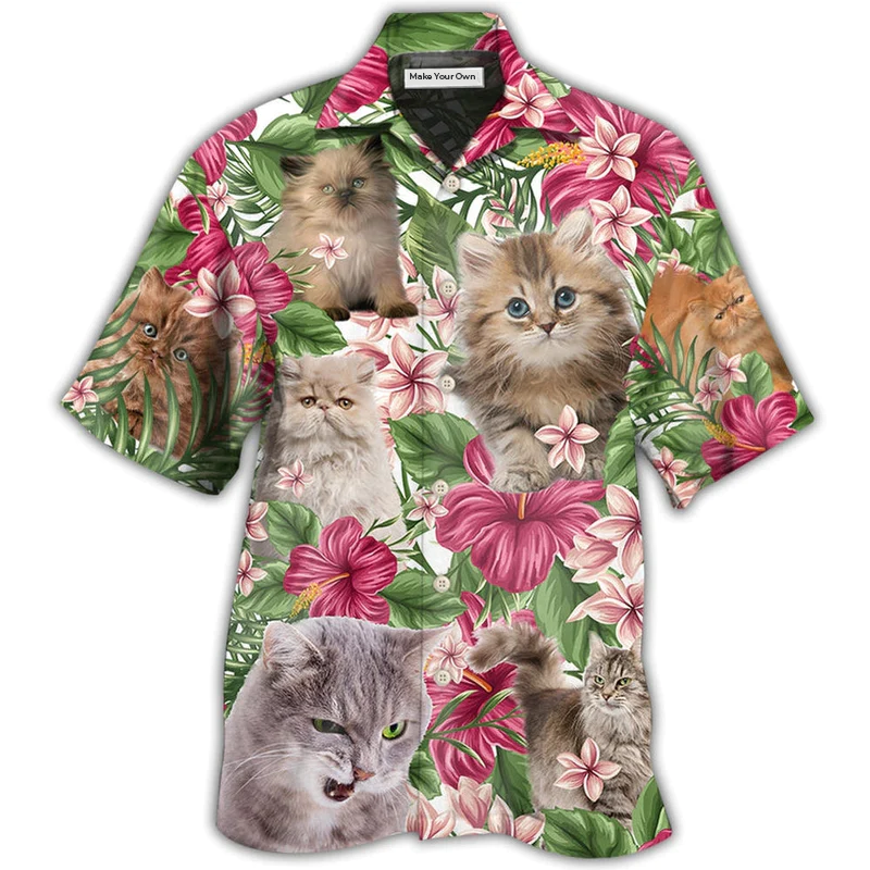 Tropical Floral Cat Persisan Hawaiian Shirt Artwork Detail For Tropical Trips And Casual Outings