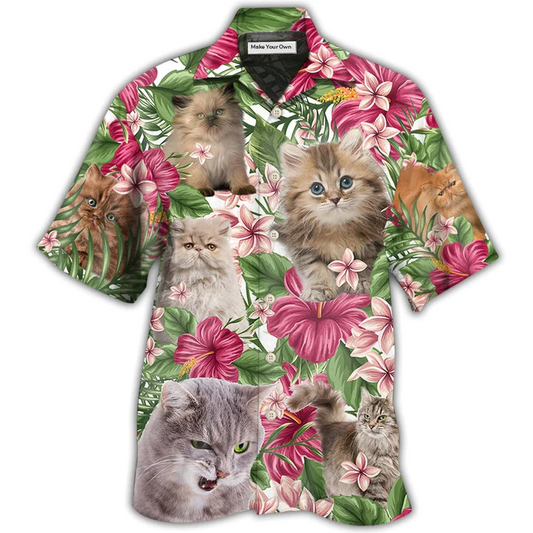 Tropical Floral Cat Persisan Hawaiian Shirt Artwork Detail For Tropical Trips And Casual Outings