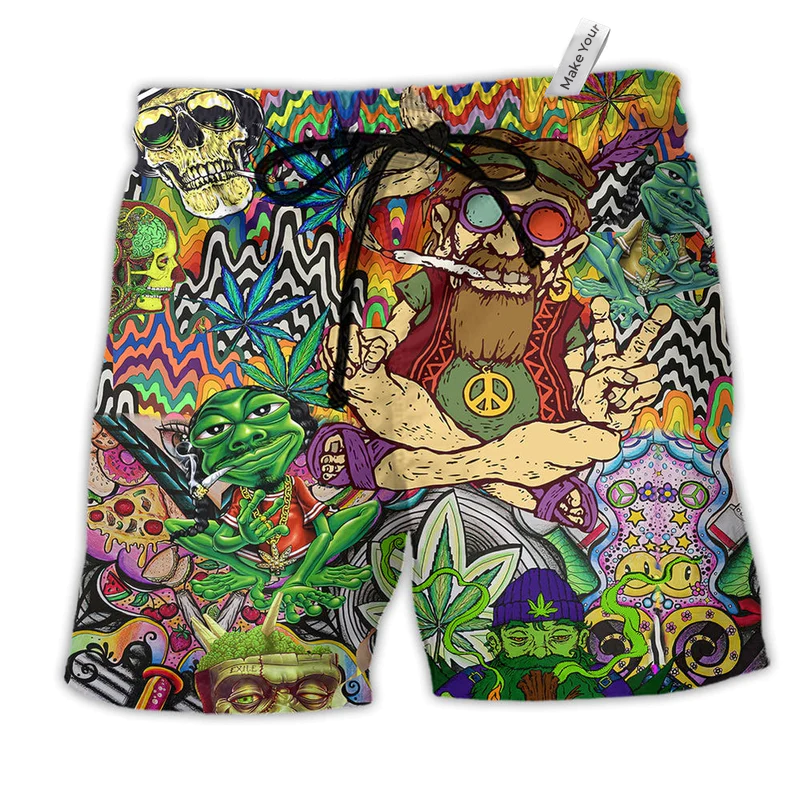Hippie Feel Freedom From Smoking Hawaiian Print Beach Shorts For Outdoor Gatherings And Comfort