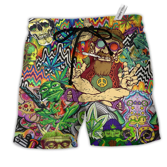 Hippie Feel Freedom From Smoking Hawaiian Print Beach Shorts For Outdoor Gatherings And Comfort