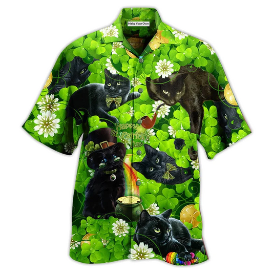 Black Green Cat Hawaiian Shirt Design View For Resort Travel And Thoughtful Gifting