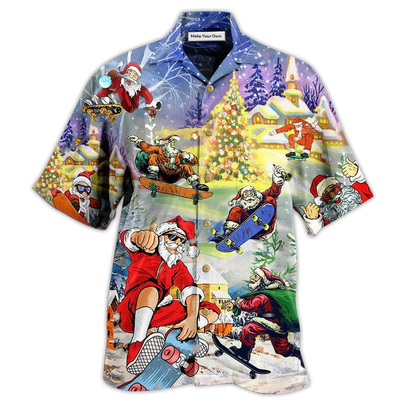 Christmas Santa Jumps Skateboard Hawaiian Shirt Pattern Detail For Vacation Travel And Daily Wear