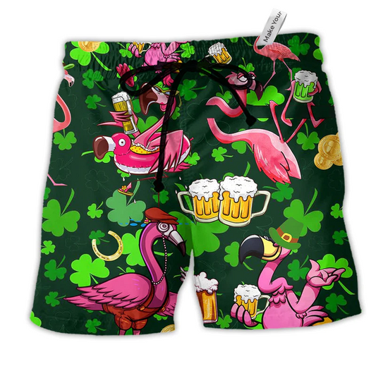 Flamingos Drink Beer Patricks Day Pattern Beach Shorts For Sunny Outdoor Celebrations