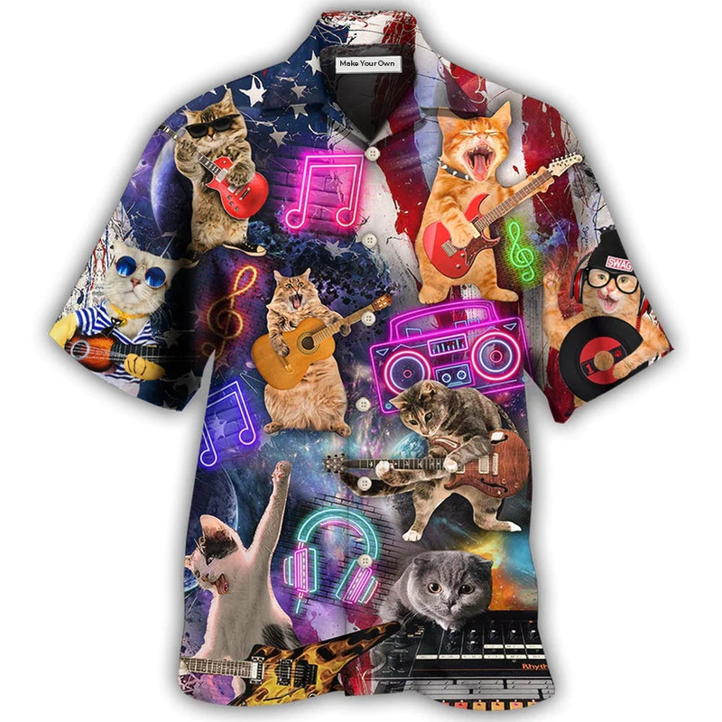 Happy Cat Independence Day Rocker Hawaiian Shirt Artwork View For Weekend Travel And Beach Style