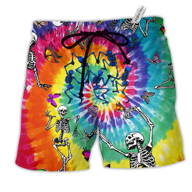 Hippie Skull Dancing With Butterfly Hawaiian Beach Shorts For Sunny Holidays And Outdoor Wear