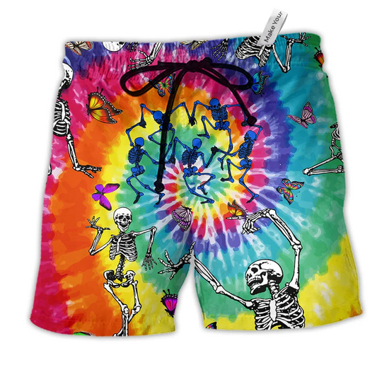 Hippie Skull Dancing With Butterfly Hawaiian Beach Shorts For Sunny Holidays And Outdoor Wear