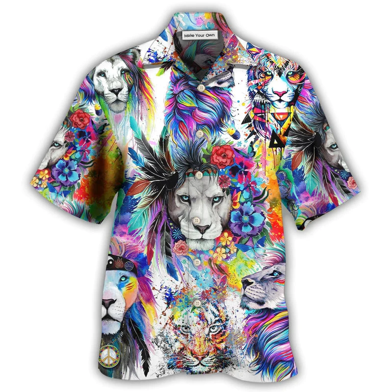 Colorful Artistic Lion Hawaiian Shirt For Tropical Holiday Resort Parties And Everyday Style