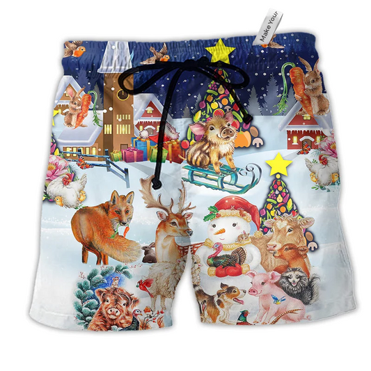 Christmas Happy Animals Snow Hawaiian Print Beach Shorts For Christmas Getaways