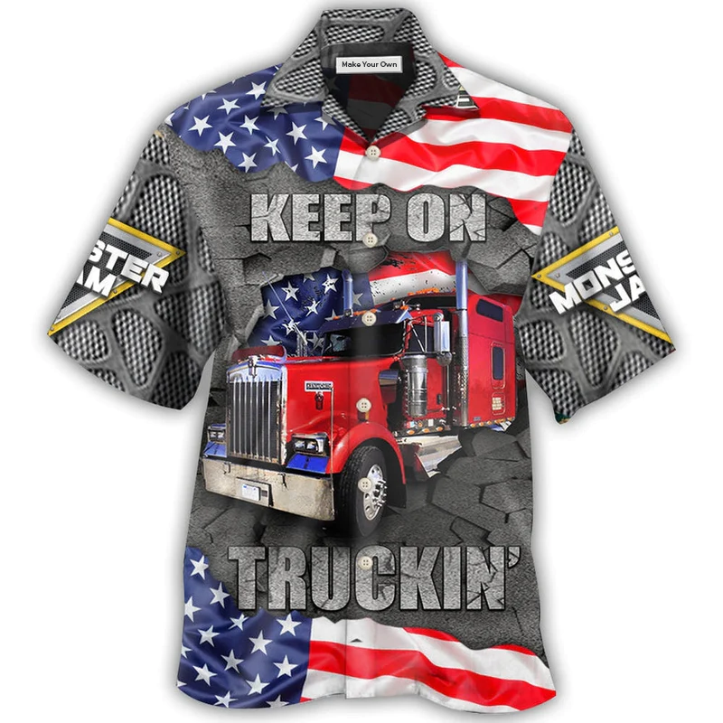 Truck Monster Truckin American Hawaiian Shirt Design View For Casual Summer Styling