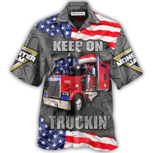 Truck Monster Truckin American Hawaiian Shirt Design View For Casual Summer Styling