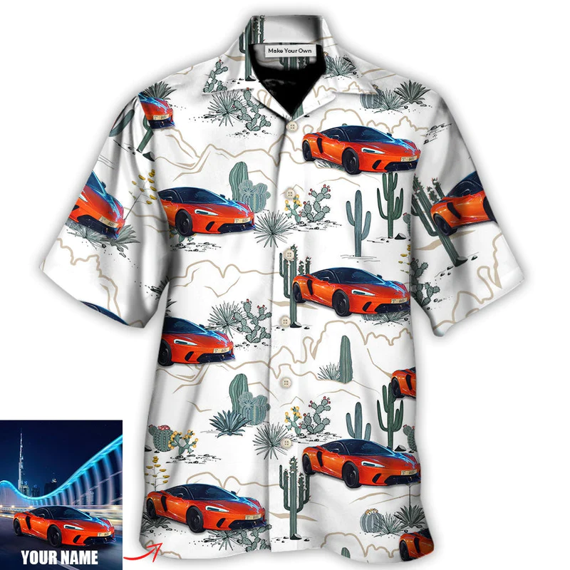 Car Desert Mountains Blooming Cacti Opuntia Saguaro Hawaiian Shirt Pattern Detail For Vacation Travel And Daily Wear