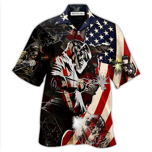 Patriotic Welder Hawaiian Shirt Artwork Detail For Resort Trips And Outdoor Activities