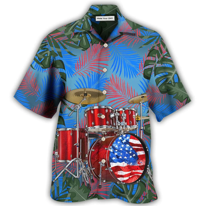 Drum Independence Day American Hawaiian Shirt Pattern View For Relaxed Warm Weather Outfits