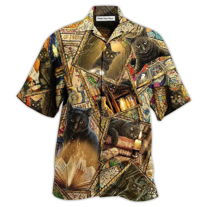 Magical Cat Books Hawaiian Shirt Pattern View For Relaxed Warm Weather Outfits