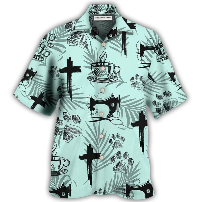 Coffee Faith Dog Sewing Hawaiian Shirt Artwork View For Weekend Travel And Beach Style
