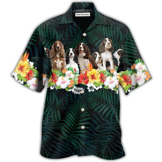Green Tropical Floral Dog Springer Spaniel Hawaiian Shirt Artwork View For Weekend Travel And Beach Style