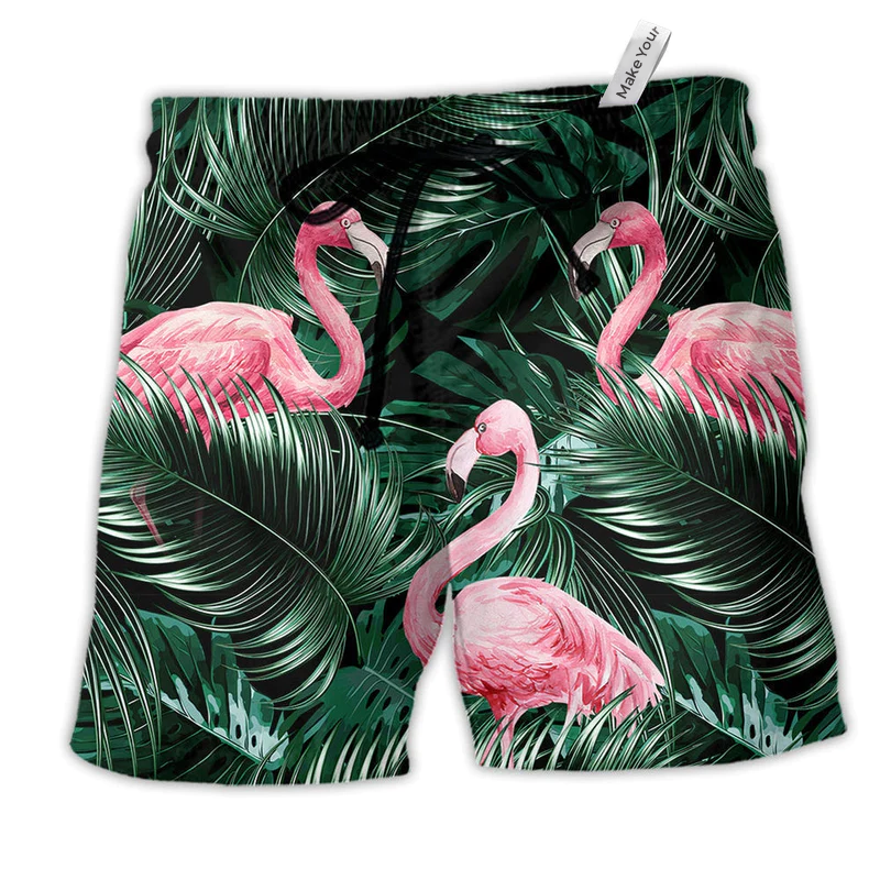 Flamingo Love Life Tropical Leaf Hawaiian Print Beach Shorts For Ocean Lover Vacation Wear