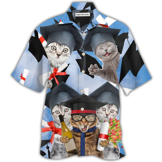 Cute Cat Graduation Hawaiian Shirt For Summer Events And Casual Outdoor Wear