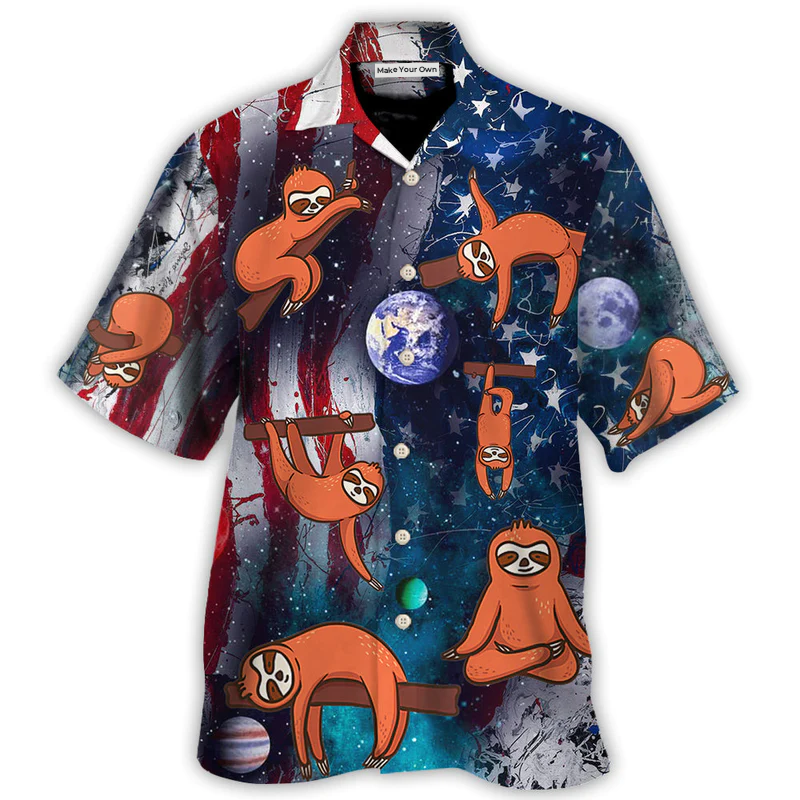 Cute Yoga Independence Day Sloth Hawaiian Shirt For American Pride, Coastal Getaways, And Relaxed Warm Weather Outfits