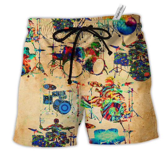 Music Colorful Vintage Drum Hawaiian Print Beach Shorts For Musicians And Outdoor Comfort