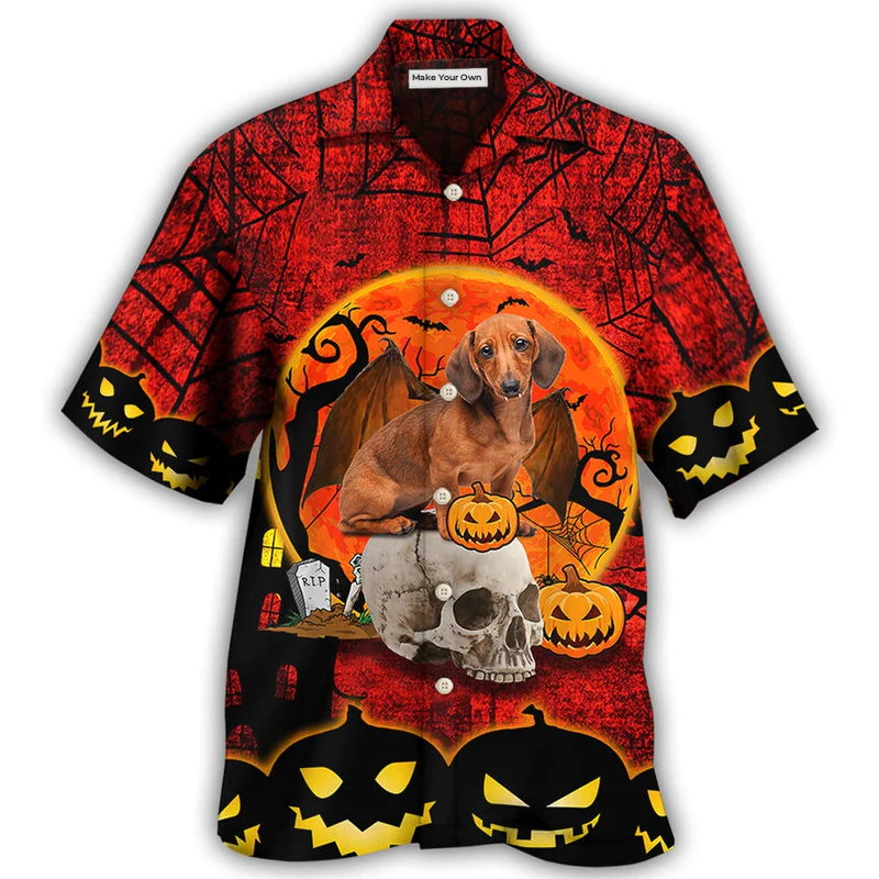 Red Halloween Dachshund Pumpkin Scary Hawaiian Shirt For Coastal Adventures And Warm Weather Wear